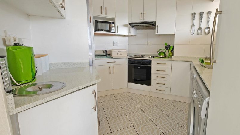 Fully fitted modern kitchen inside Don Juan 2 self-catering apartment in Margate
