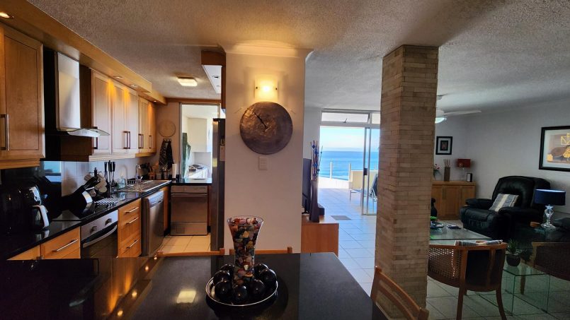 The kitchen with sea view at Octavia 7 in Manaba Beach on the South Coast of KwaZulu Natal in South Africa.
