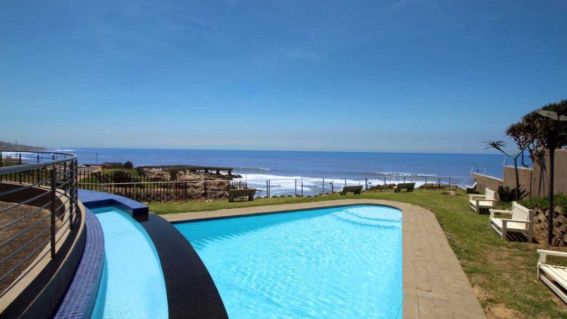 Sea view over the swimming pool at Whale Rock in Margate.